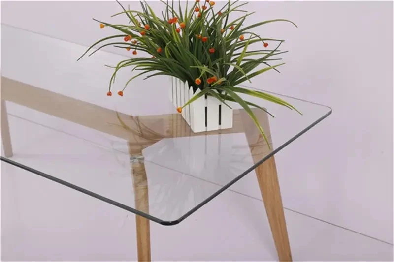 Cheap Restaurant Home Rectangle Tempered Glass Top Living Room Coffee Table with Oak Wooden Legs