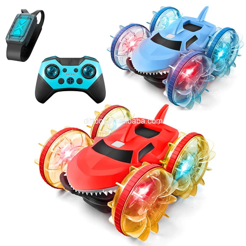 2.4G Dual RC Rotate Shark Amphibious Car 4WD Fast Double-sided Rolling Stunt Vehicle Waterproof Toy Car For Kids
