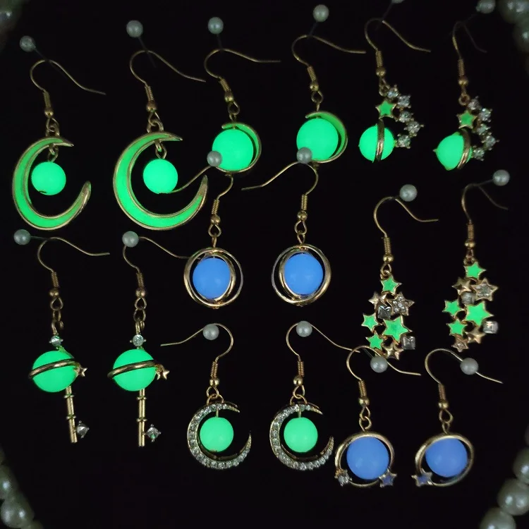 Factory Wholesale Planets Galaxy Series Gold Luminous Bead Key Moon Star Dangle Drop Earrings for Women
