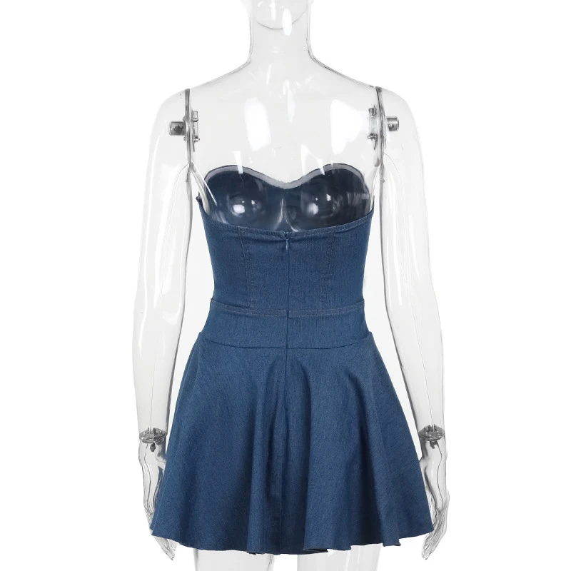 Women Clothing Dresses Sexy Zipper Sleeveless Corset Bodycon Jean Dress Short Faux Denim Dress