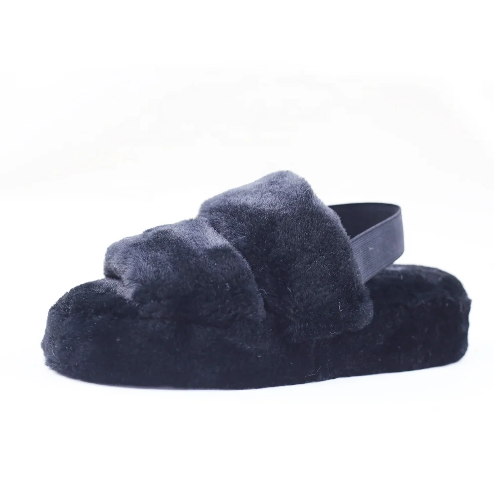 High heel Open toe Wedge Faux Fur Indoor House Fluffy Furry YEAH Sheepskin Slippers for women
