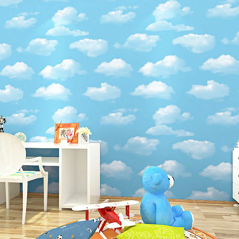 Wallpaper Rolls Kids Wall Molding 3d Panels Sticker Peel & Stick Non-woven Fabrics  Blue Clouds Ceiling China Factory Buy