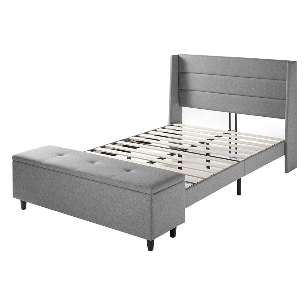 Grey Wood Slat Support Queen King Size Velvet Linen Fabric Upholstered Bed Frame with Storage Ottoman Bench