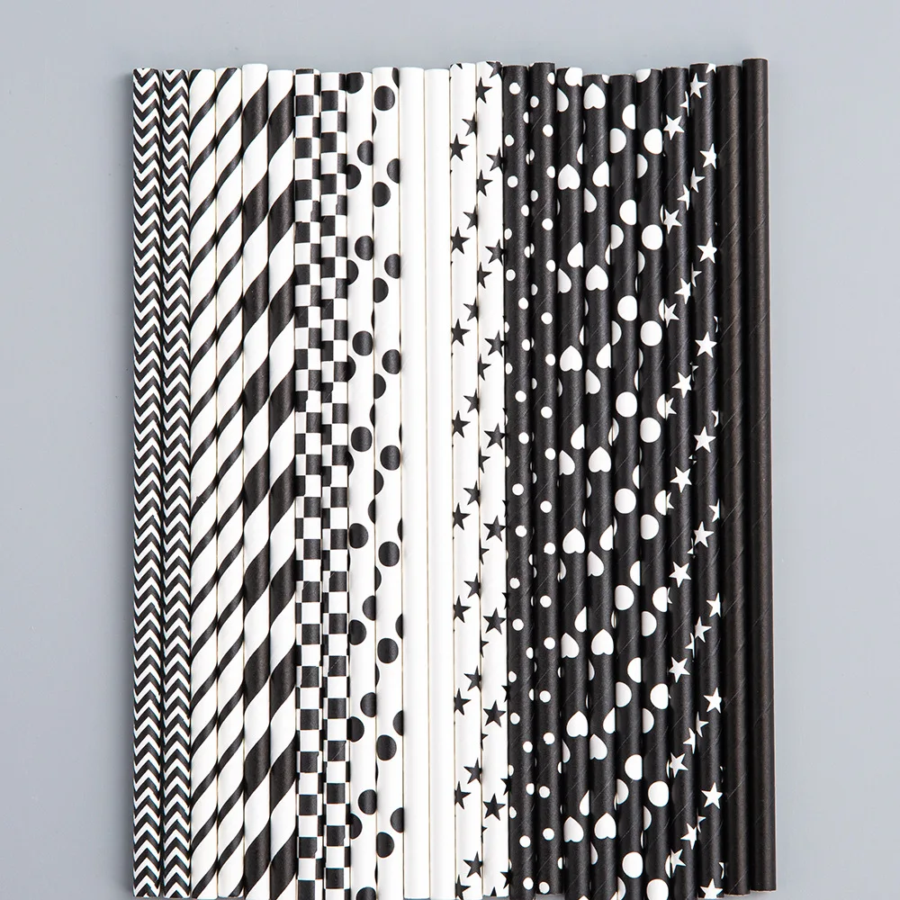 25pcs/bag black white design paper straw party decoration wholesale biodegradable disposable paper straw