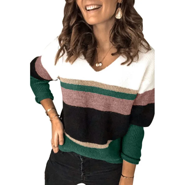 Женский свитер с люрексом, полосатый свободный свитер с v-образным вырезом и длинным рукавом, осень 2021