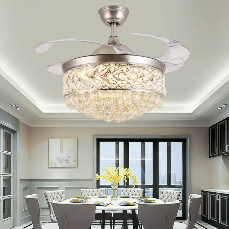 European Style Luxury Invisible Crystal Lamp Hidden Retractable Blades LED Ceiling Fan Light