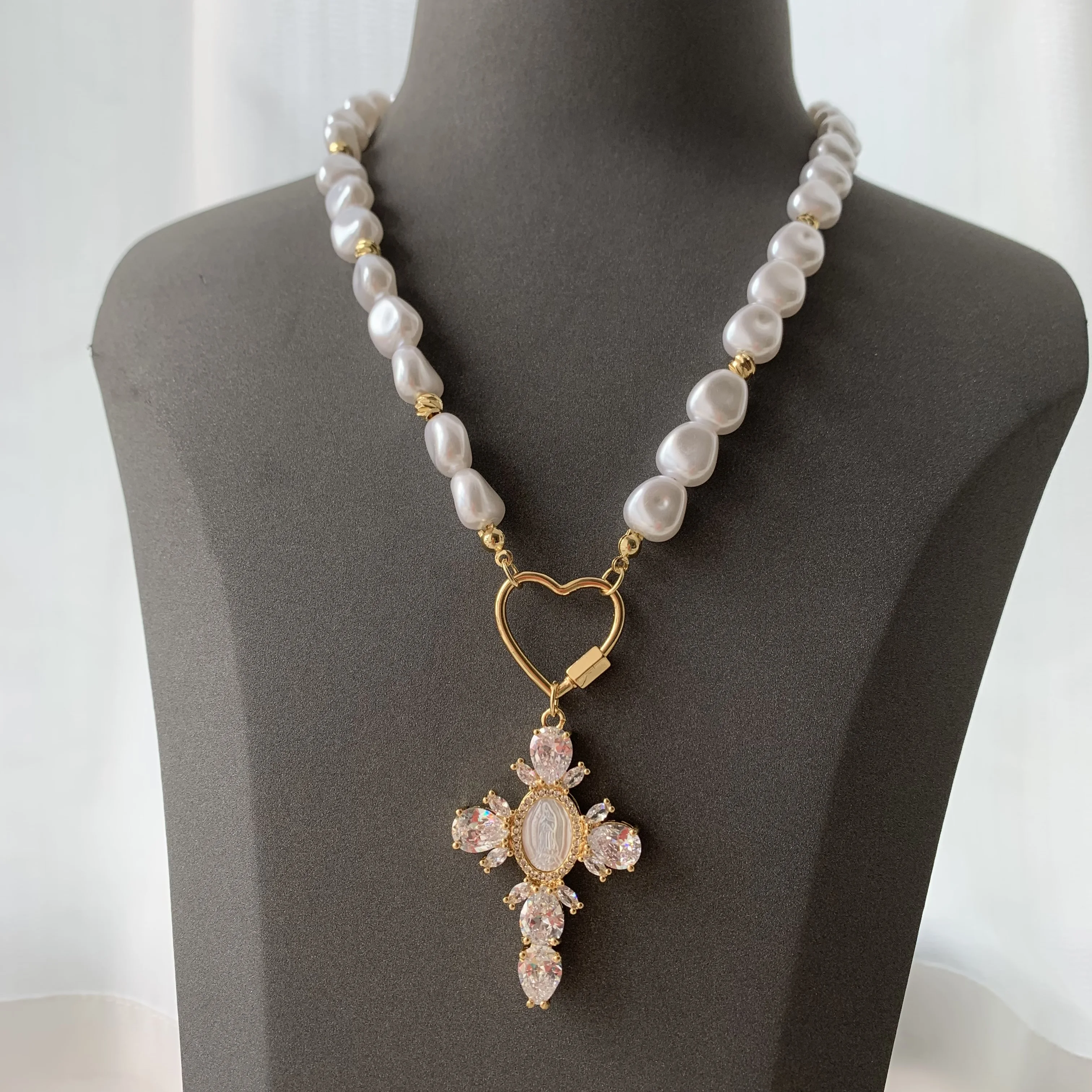 LS-L3292 Beautiful pearl necklaces women men fine jewelry gold clasp necklaces cubic zircon cross Virgin Mary necklaces