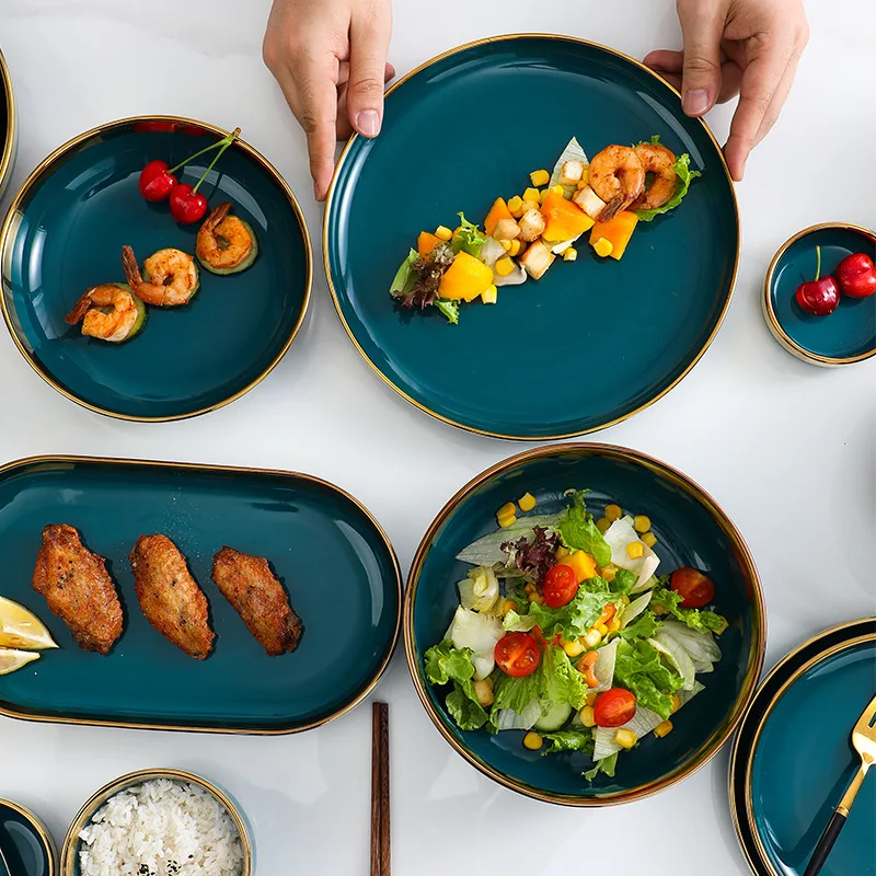 Ceramic Dinner Plates Steak Food Dessert Plate Green Salad Soup Bowl Dinnerware Set Dishes Plates and Bowls Set for Family Hote