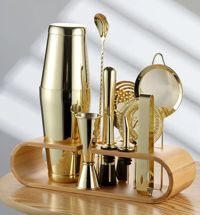 Stainless Steel Boston  Shaker 11PCS Set Bar Accessory  Kit With/ Without Bamboo Rack