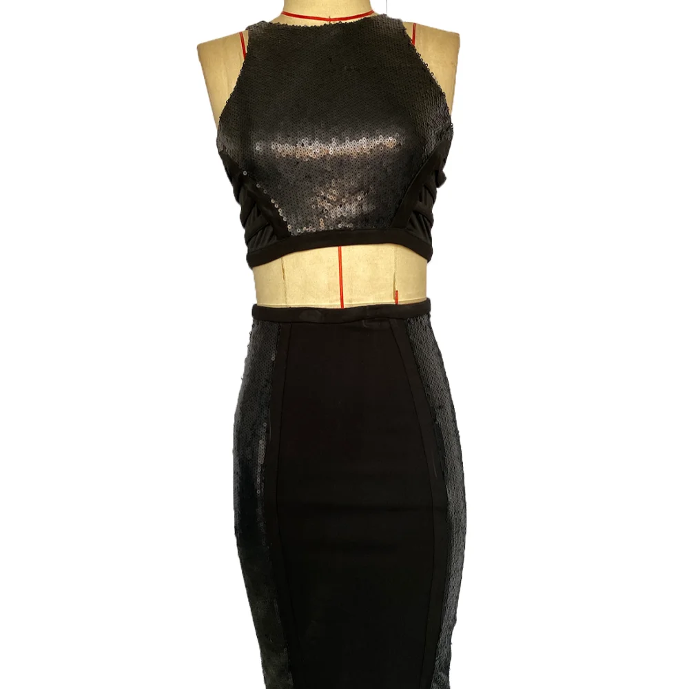 Stylish sequined vest and skirt in a two-piece set belt fish tail skirt slim dress sequin two-piece suit