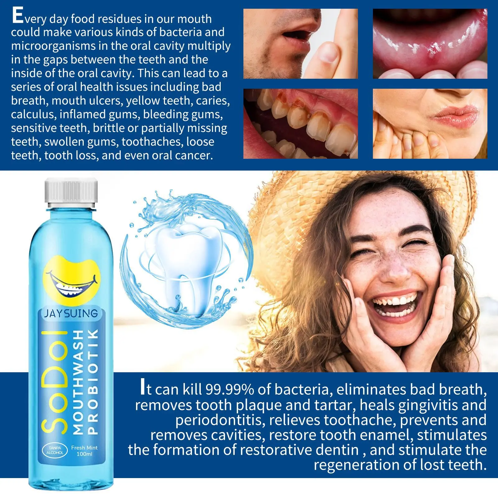 Mouthwash removes tooth stains, removes odor, and refreshes oral hygiene  to maintain oral health mouth wash