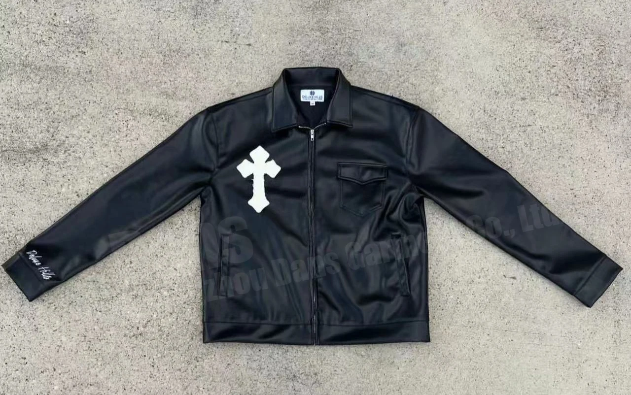 Mens Streetwear Zip Up Pu Lapel Latest Design Coat Custom Patches Embroidery Applique Logo Leather Long Sleeve Jacket For Men