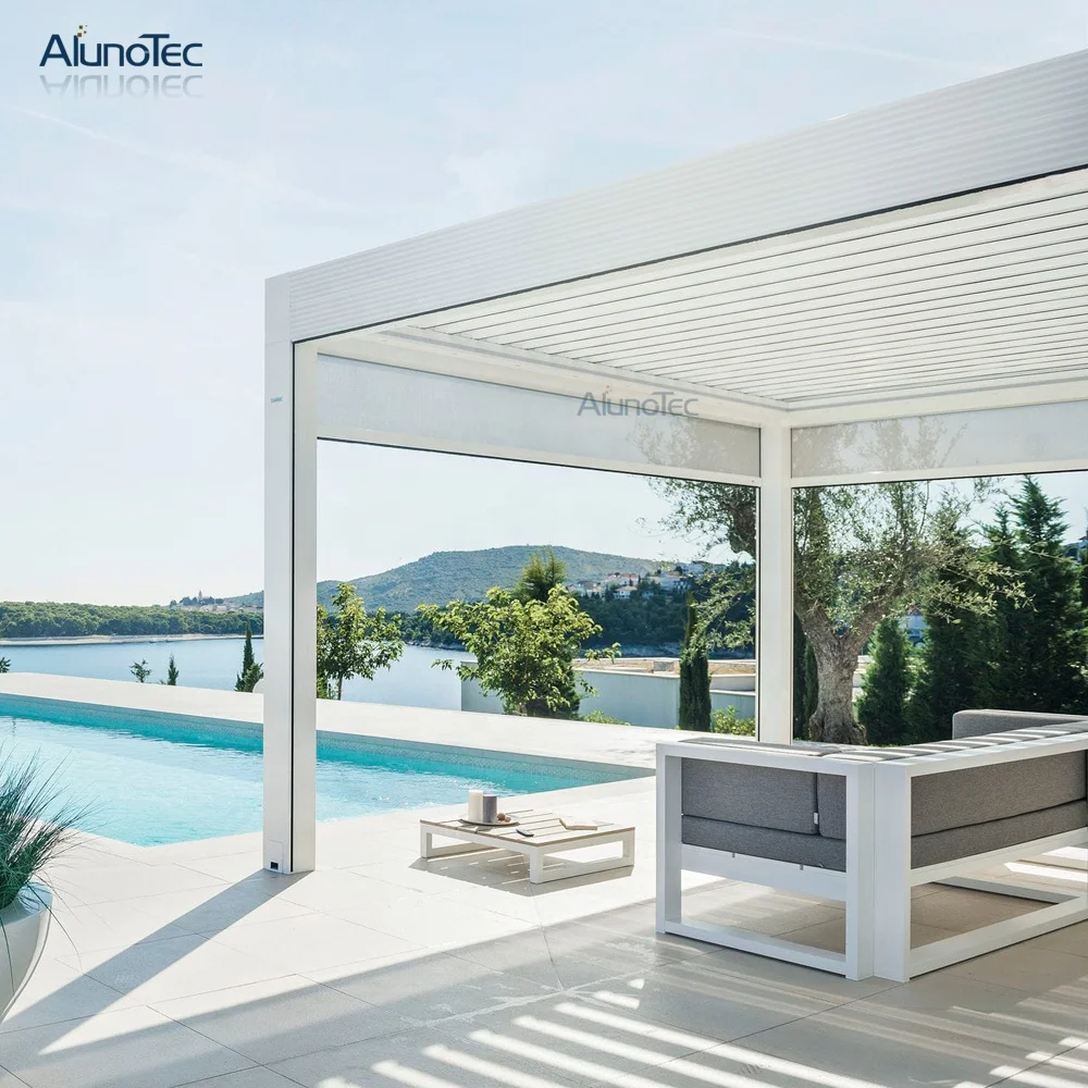 Luxury Modern Pergola Motorised Solar Louvered Covering Design Roof  Outdoor Gazebo With Motor Opening