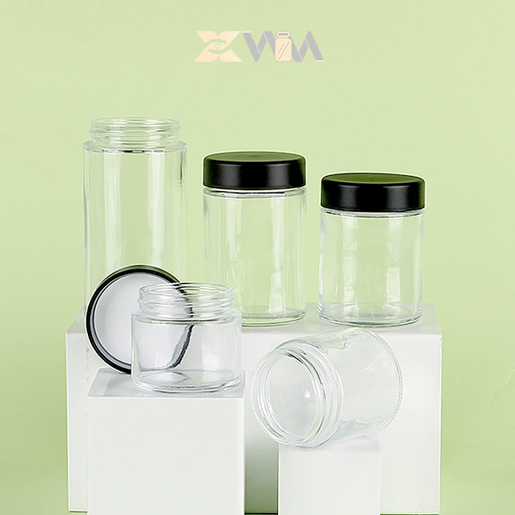 Custom 1oz 2oz 3oz 4oz Clear Wide Mouth Glass Bottle Container Smell Proof Child Resistant Glass Jars with Magnifying Lids