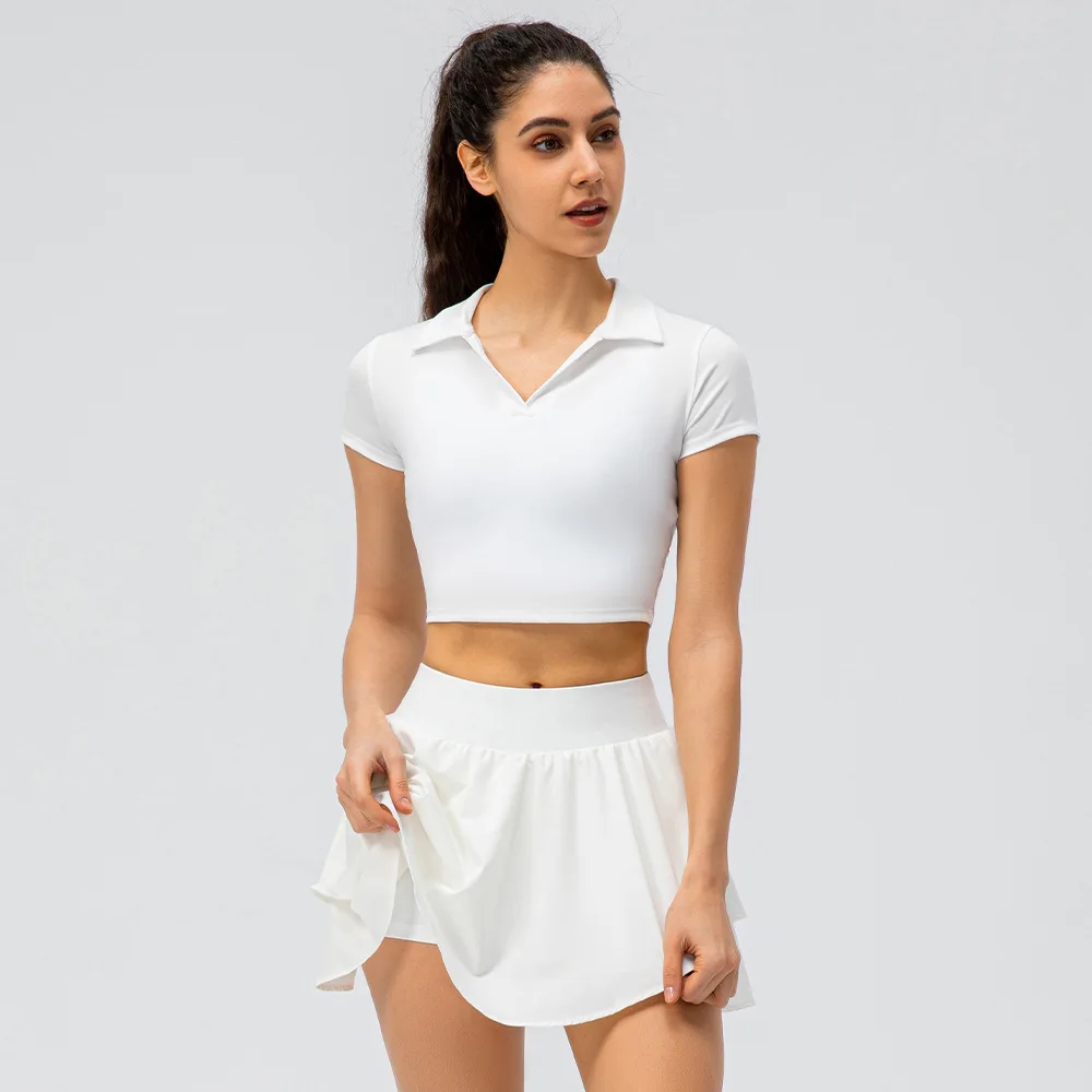 Blank Customize Hot Sale Women Sports Fitness Yoga Suit Short Sleeve Top Match Golf Tennis Set Mini Skirt 2 Piece Tracksuit