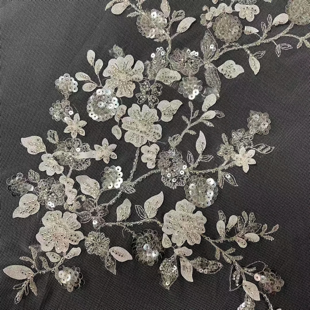 
Floral 3d laser-cut embroidery high grade sequins mixed mesh hand beaded fabric for bridal wedding dress 