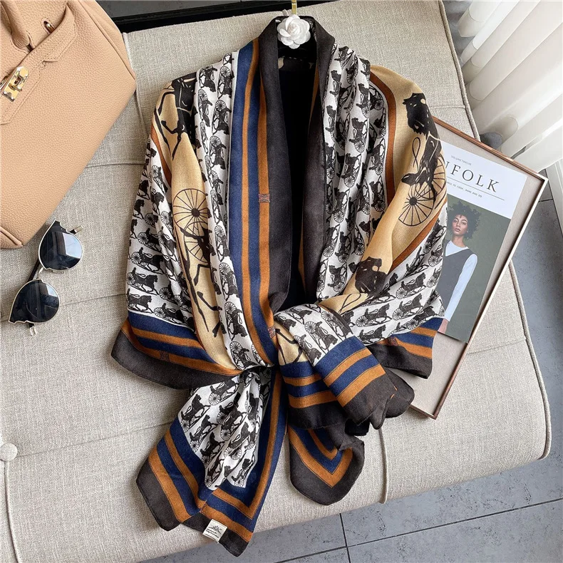 2022 Luxury Women Spring Fashion Horse Carriage Printed Designer Cotton Linen Shawl Scarves Hijab Long Scarf