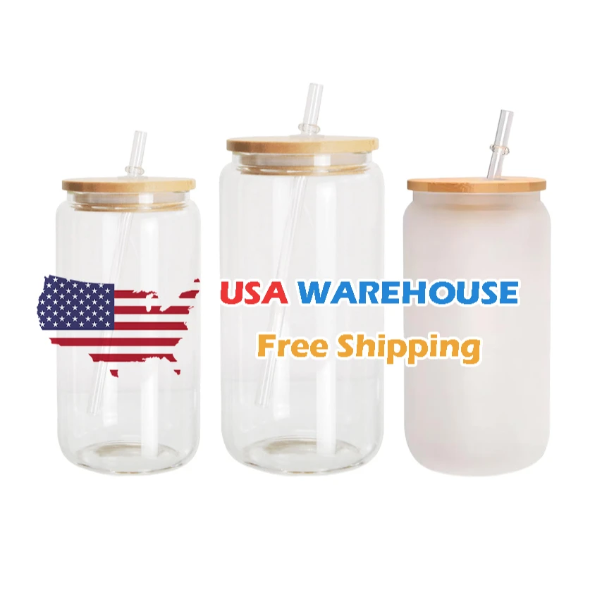 USA Warehouse wholesale 12oz 16oz Clear Frosted Sublimation Blanks Glass Mason Jar Beer Can Glass Cup With Bamboo Lid And Straw