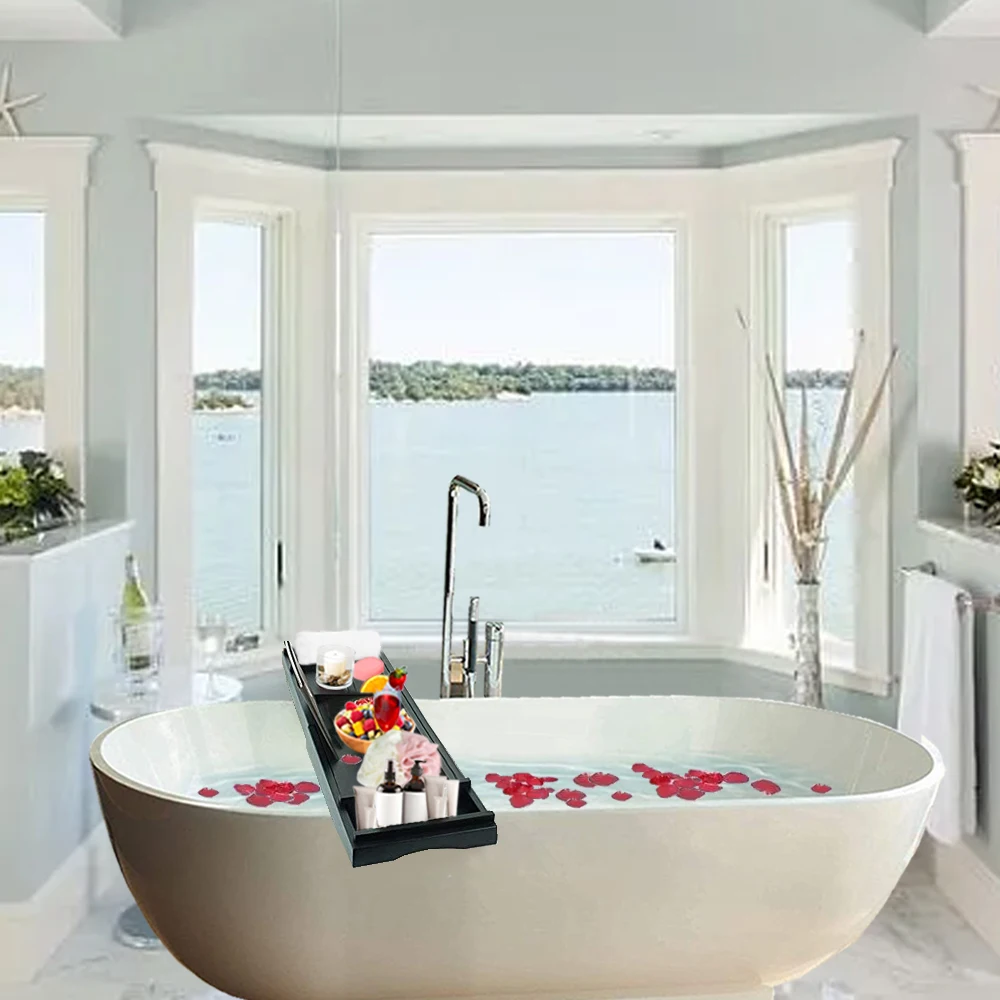 Modern Novel Design Wholesale Price Expandable Bamboo Bath Caddy Tray