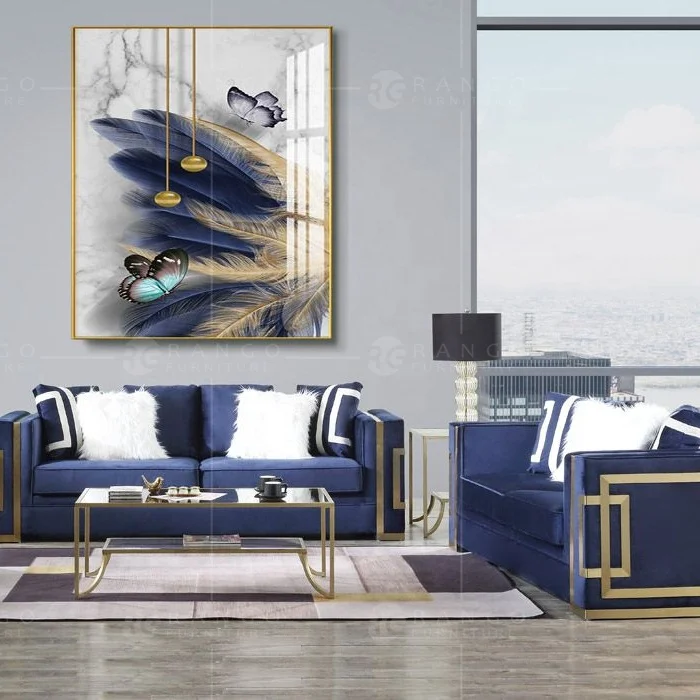 R1 navy blue velvet modern sofa brown velvet sofa set button tufted sofa