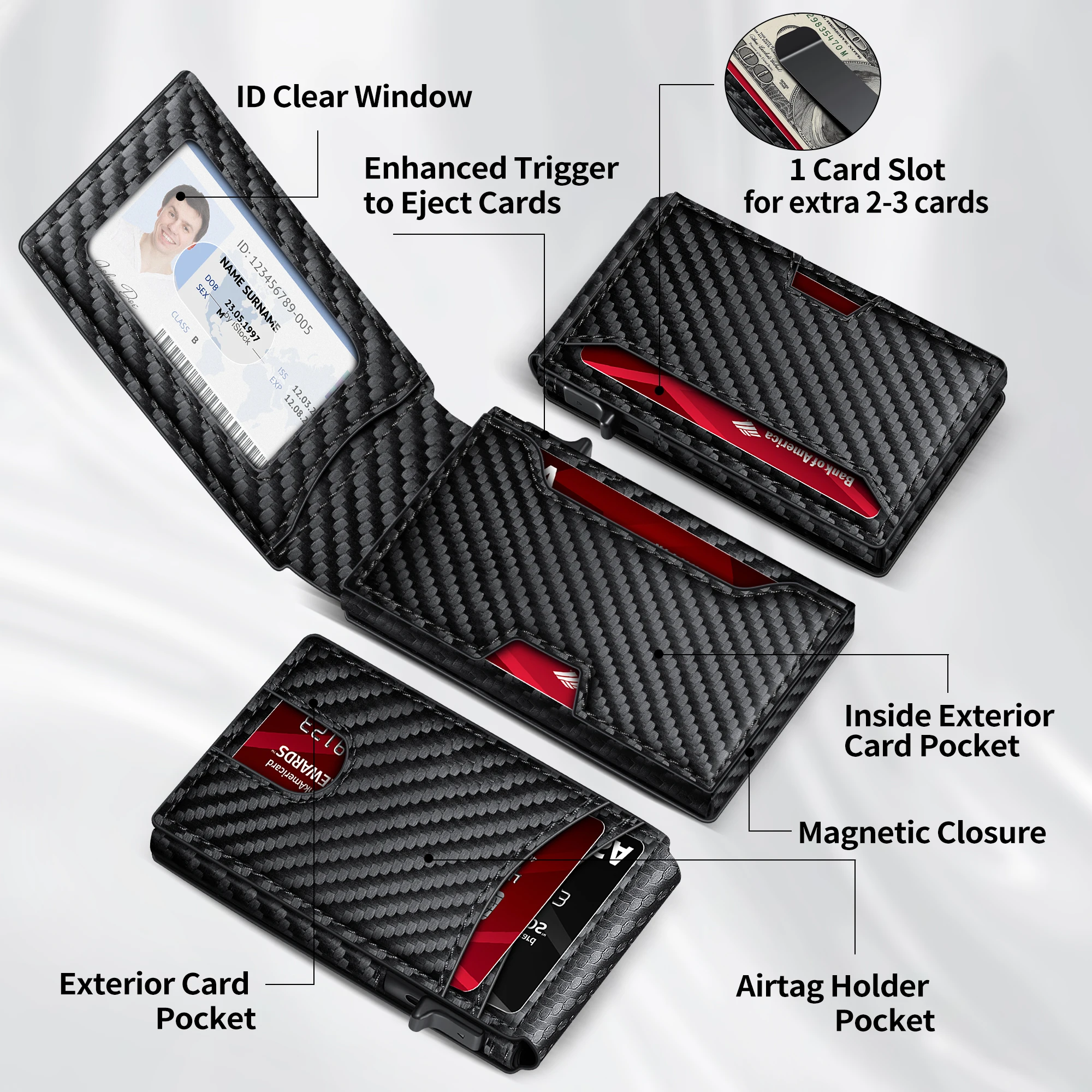 Minimalist Slim Wallet Credit Card Holder Pop up Bifold Carbon Fiber Wallet for Men