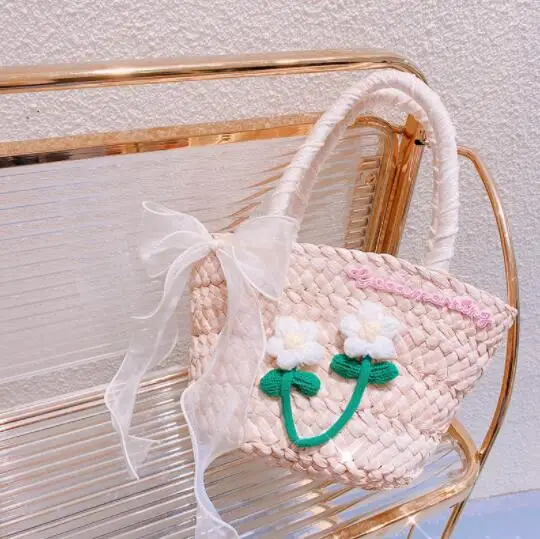 Summer 2022 HAND KNITTED CROCHETED wool puff flower hand basket square bag straw bag