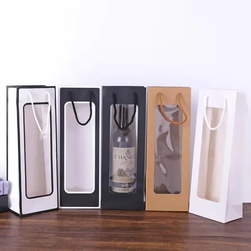 Custom Colors Kraft Paper Single Red Wine Bag with Window Transparent Rectangular Gift Bag Flower Tote Bag Rope Handle