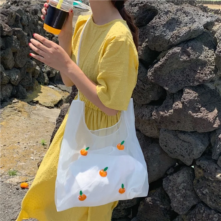 Fruit embroidery transparent organza cute ladies shopping handbag lightweight shoulder tote bags