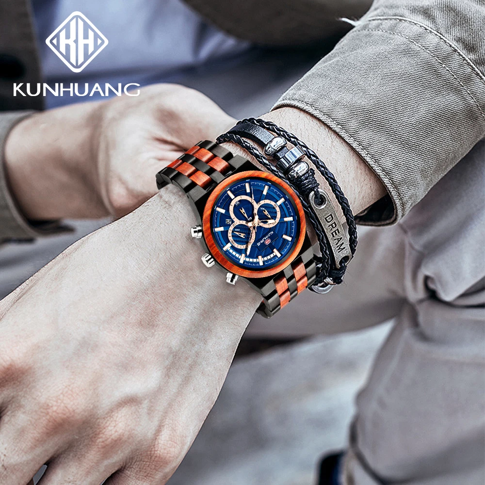 Private Label Natural Wooden Wrist Watch Men Fashion Chronograph Wood Watch