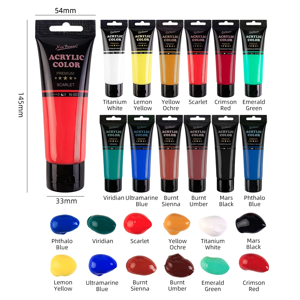 Xin Bowen CE 75ML Acrylic Paint 12 Colors Artist Painting Materials High Coverage Art Paint Bright Colour With EN-71 And CPC