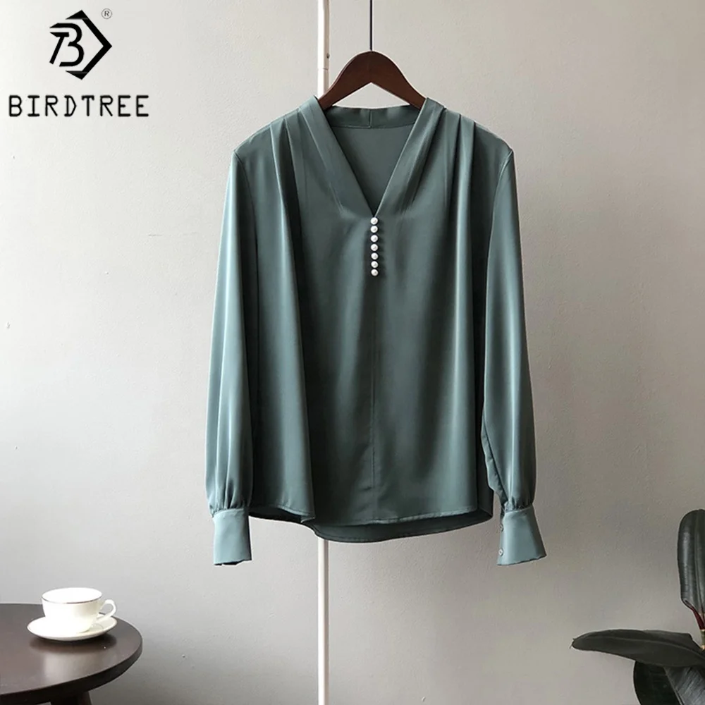Women Autumn Satin Long Shirts Long Sleeves V Necks Beaded Elegant Loose Female Clothes Blouses Casual Winter Basic Tops