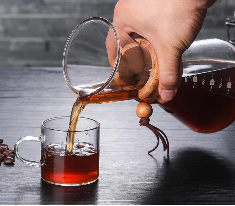 400ml 600ml 800ml Modern Wooden Collar Clear Borosilicate Glass Coffee Carafe Pour Over Coffee Maker with Stainless Steel Filter