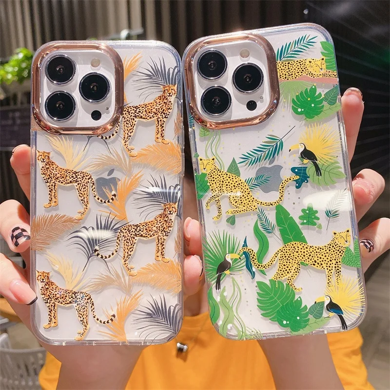 Hot sale plating transparent hard shell jaguar flower Mobile Phone Case for iPhone 7 8p 11 12 13 14 pro max cover
