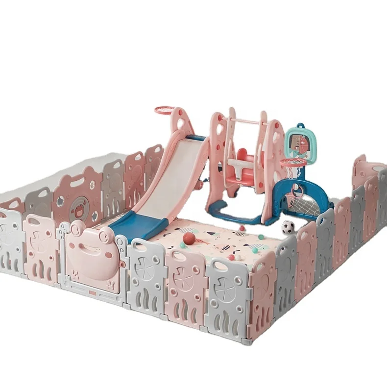 New arrive plastic ball   playpen for babay fence slide with basketball and football hoop