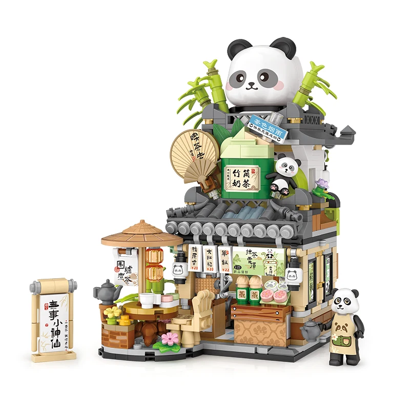 LOZ Street View Blocks Cute Panda Tea House Bamboo Cart Puzzle Education Assembly Toys 860pcs