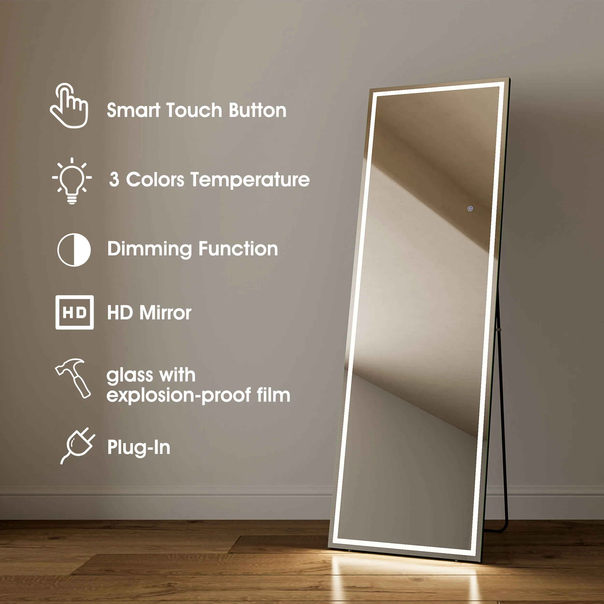 Smart Touch Screen Large Size Standing Wall Mirrors Body Decorative Dressing With Lights Full Length Led Floor Mirror