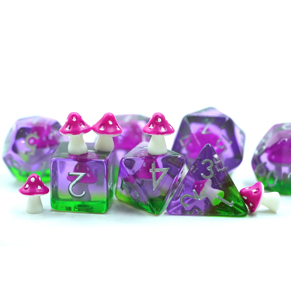 Yushun Novelty Pink Resin Polyhedral Dnd Game Dice Set 16Mm Mushroom Rpg Dice Set Of 7