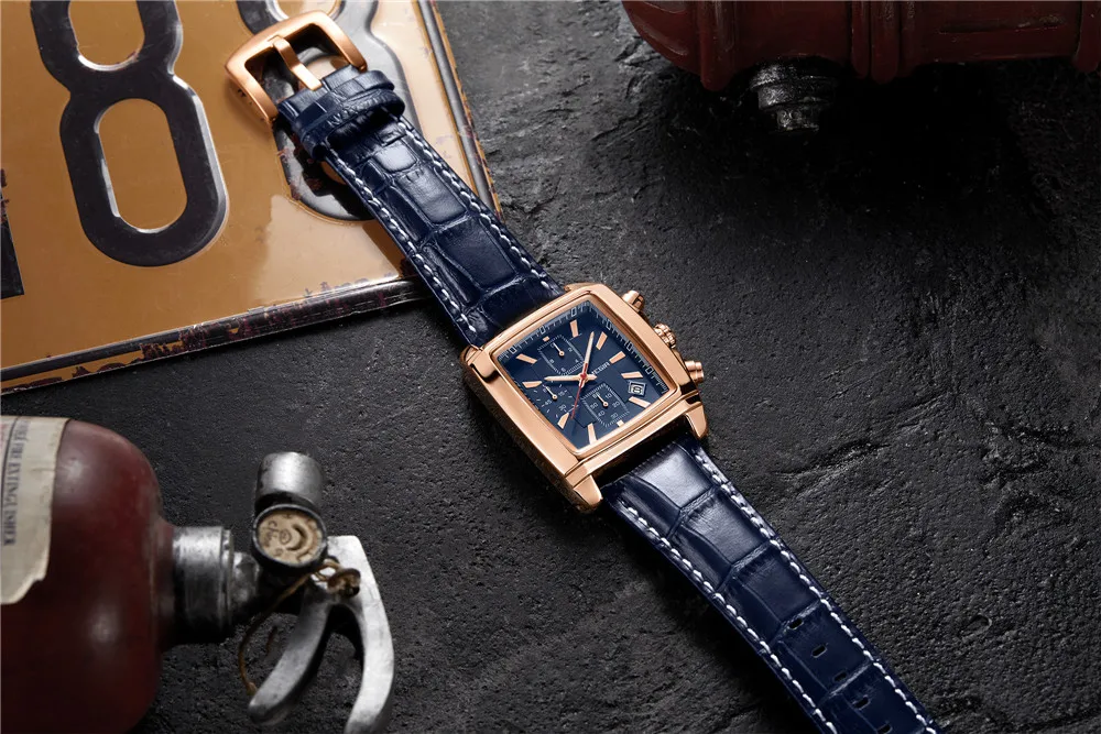 MEGIR 2028 Fashion Rectangle Luxury  Chronograph Rose gold Square Quartz Watches for Men