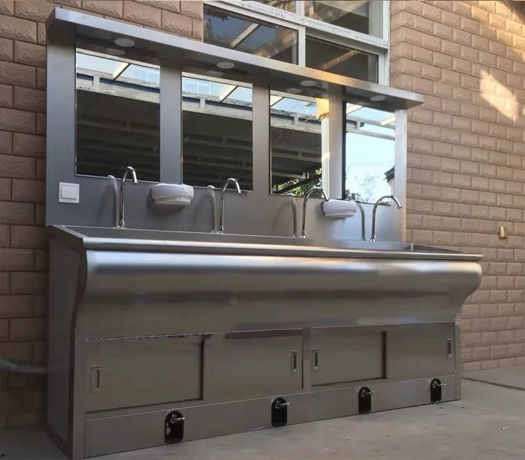 Hospital Equipment Medical Machine and Accessories Hand Washing Station 3 Person Stainless Steel Sink with LED Mirror