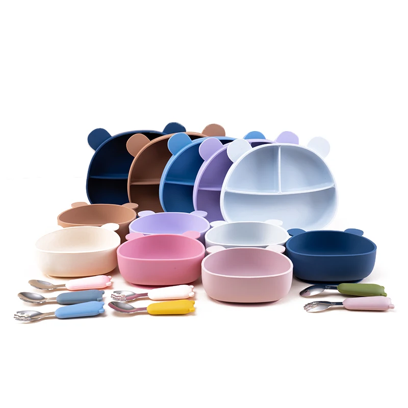 Cute Bear Kids Tableware Food Grade Bpa Free Wholesale Baby Silicone Tableware Feeding Set With Spoon