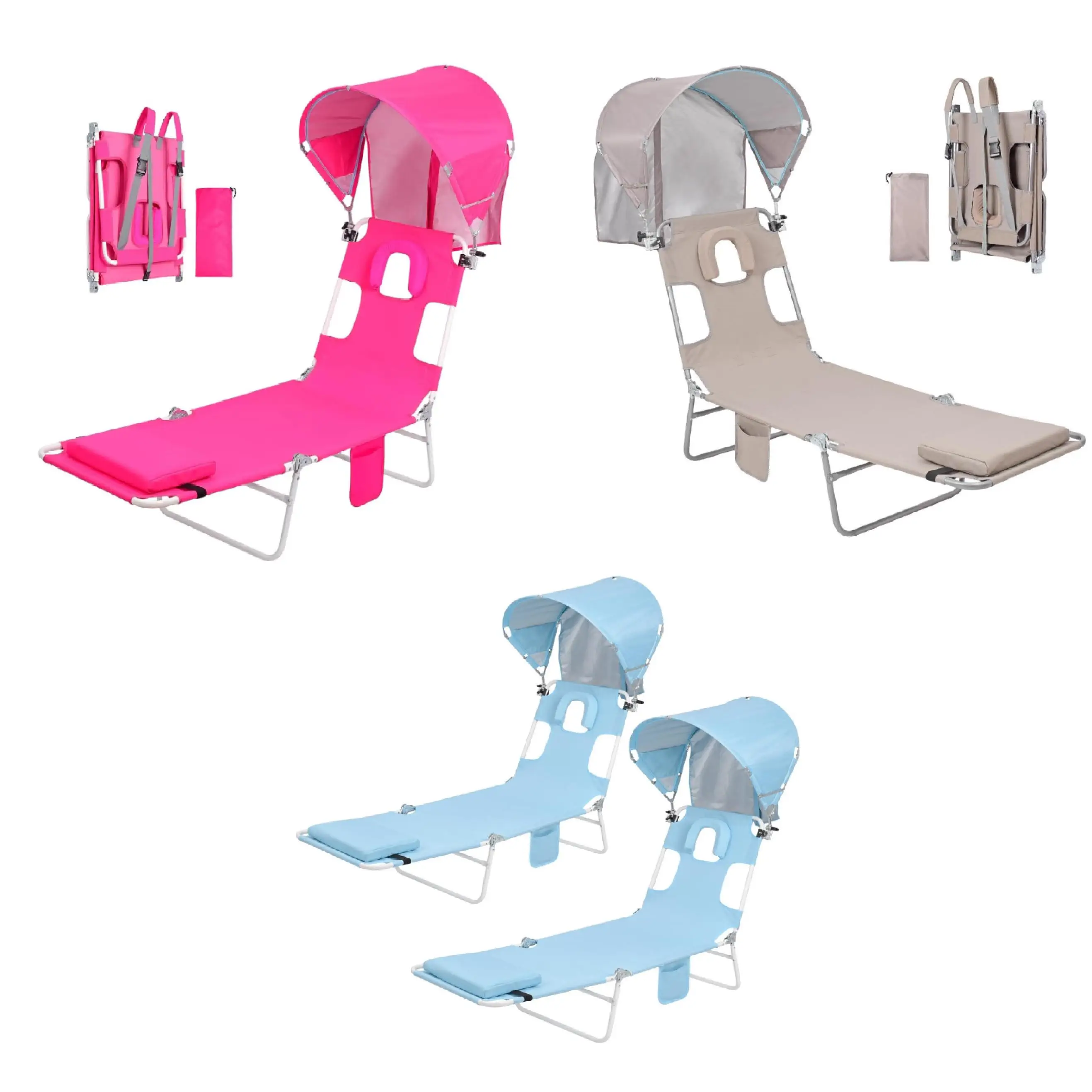 Beach outdoor portable aluminium leisure recliner with sun canopy adjustable summer camping lounge chair