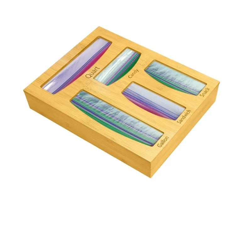 Wholesale open lid wooden baggie box food storage bag holders plastic bag dispenser