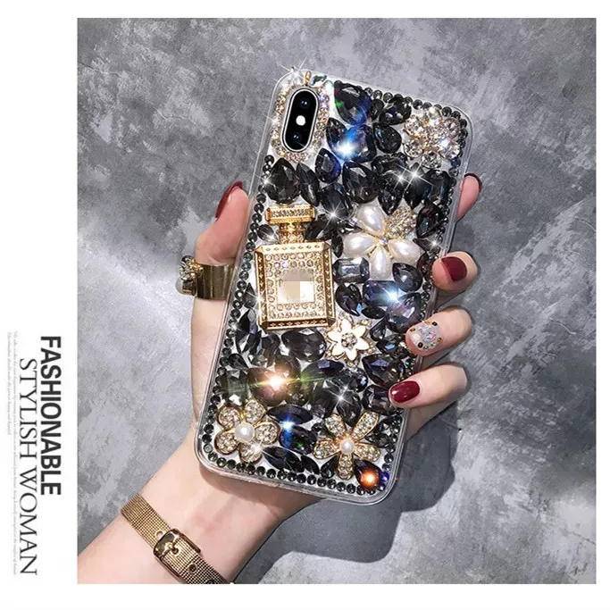 Fashion Bling Glitter Diamond Rhinestone Phone Cases For iphone 14 13 Pro Max Perfume Bottle Flower Gemstone Soft TPU Back Cover