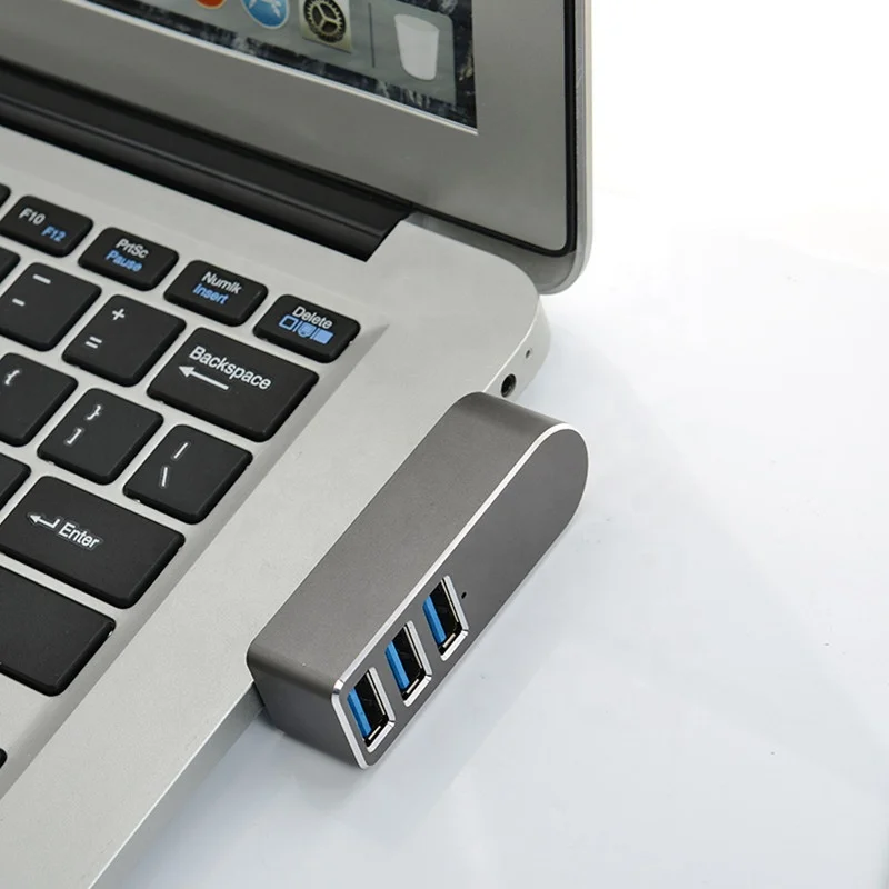 Gray 3 Port Factory hot sale  Aluminum Mini High Speed 180 degree rotation usb 3.0  Hub adapter for Mac PC