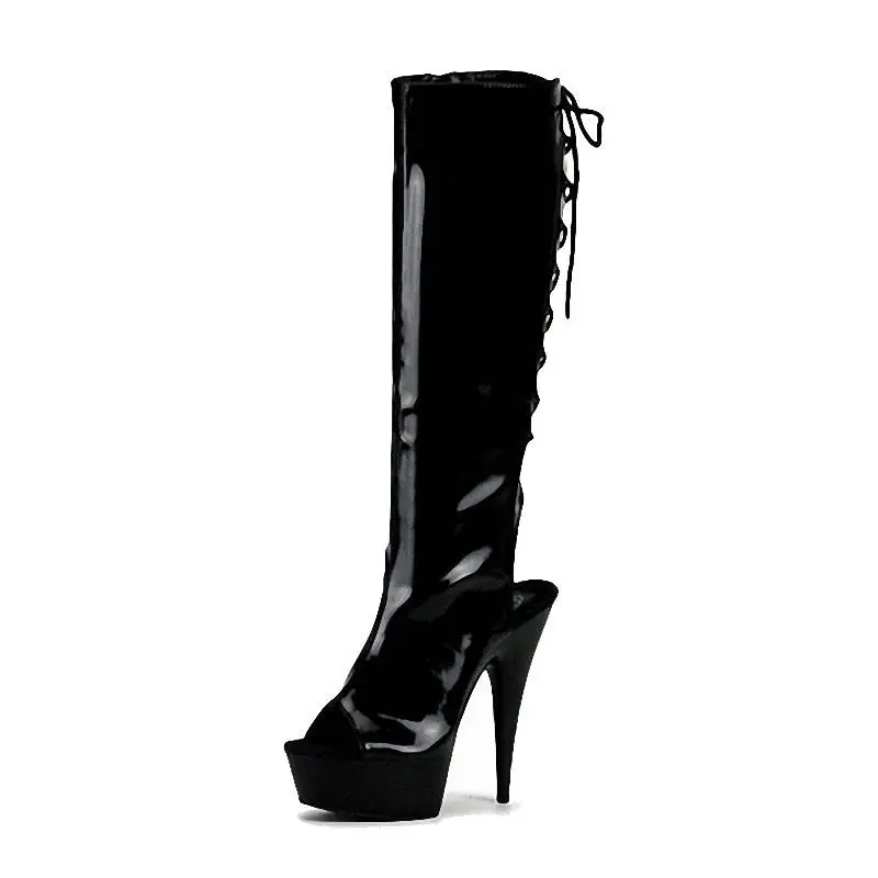 Transvestite 15cm Black Platform Stiletto Heel 6 inch Model Show Stiletto Heel Black Thigh High Boots Striptease Pole Dancing