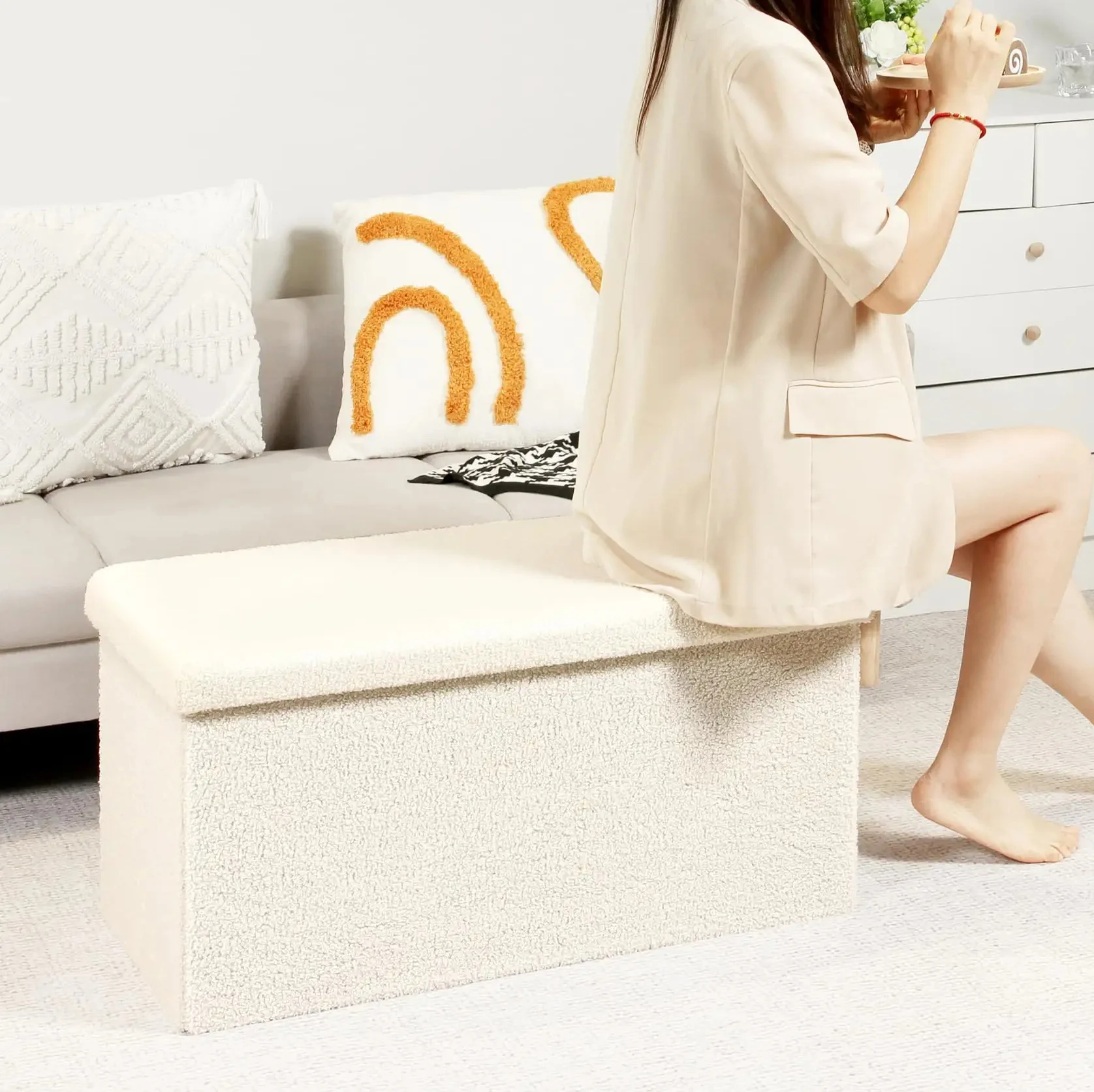 Bailey B Portable Foldable Ottoman Collapsible Storage White Velvet For Living Room Bedroom Pedicure Velvet