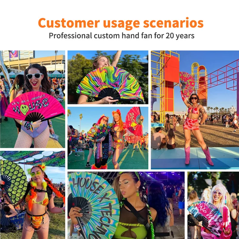 2023 Wholesale Holographic Iridescent Reflective Bamboo Large Hand Folding Fan Party UV Print Rave Handheld Fan