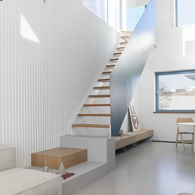 Good Quality Apartment Double Steel Stringer Glass Wood Step Straight Stairs LED Staircases with Glass Railing