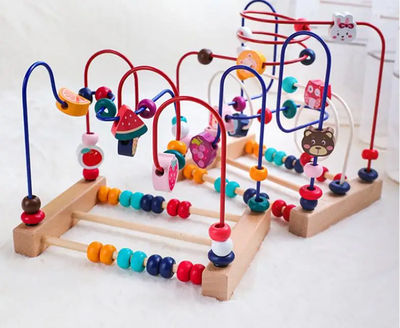 Wooden Baby Beads Maze Toys, Toddlers Roller Coaster Game Cubes, Educational Around Circle Bead Skill Improvement Wood Toy