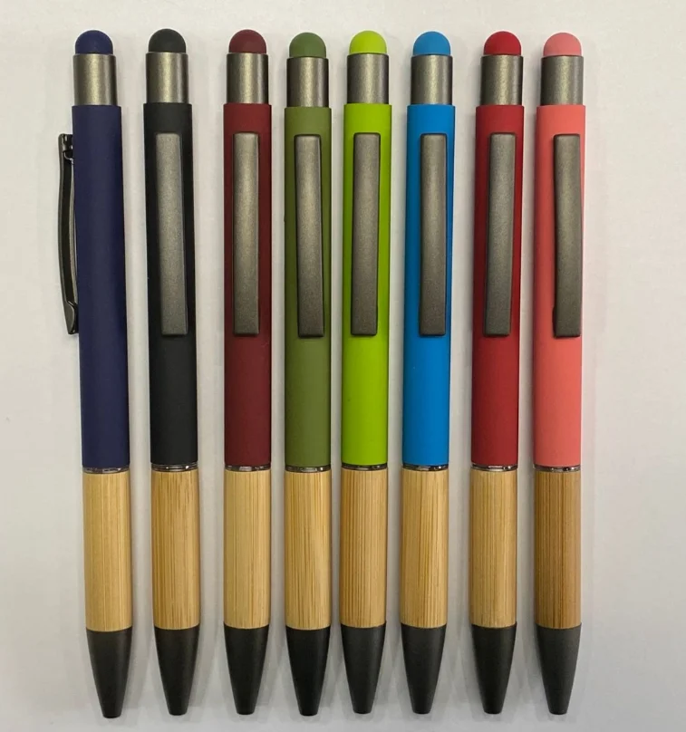 Bamboo pen with metal colored barrel touch screen with customized logo